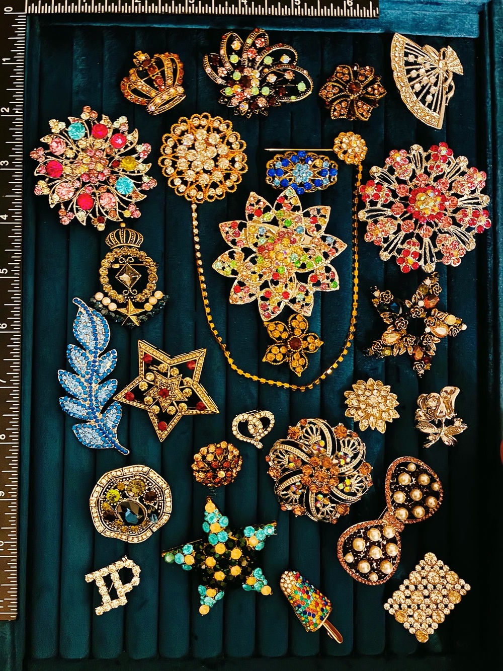 Lot of 25 Czech Style Colorful Rhinestone Brooch Pin Lot Star Flower Crown Mix